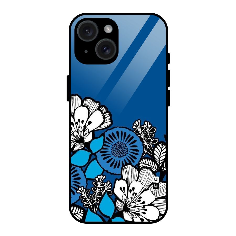 Blue White Flowers Glass Back Case for iPhone 15