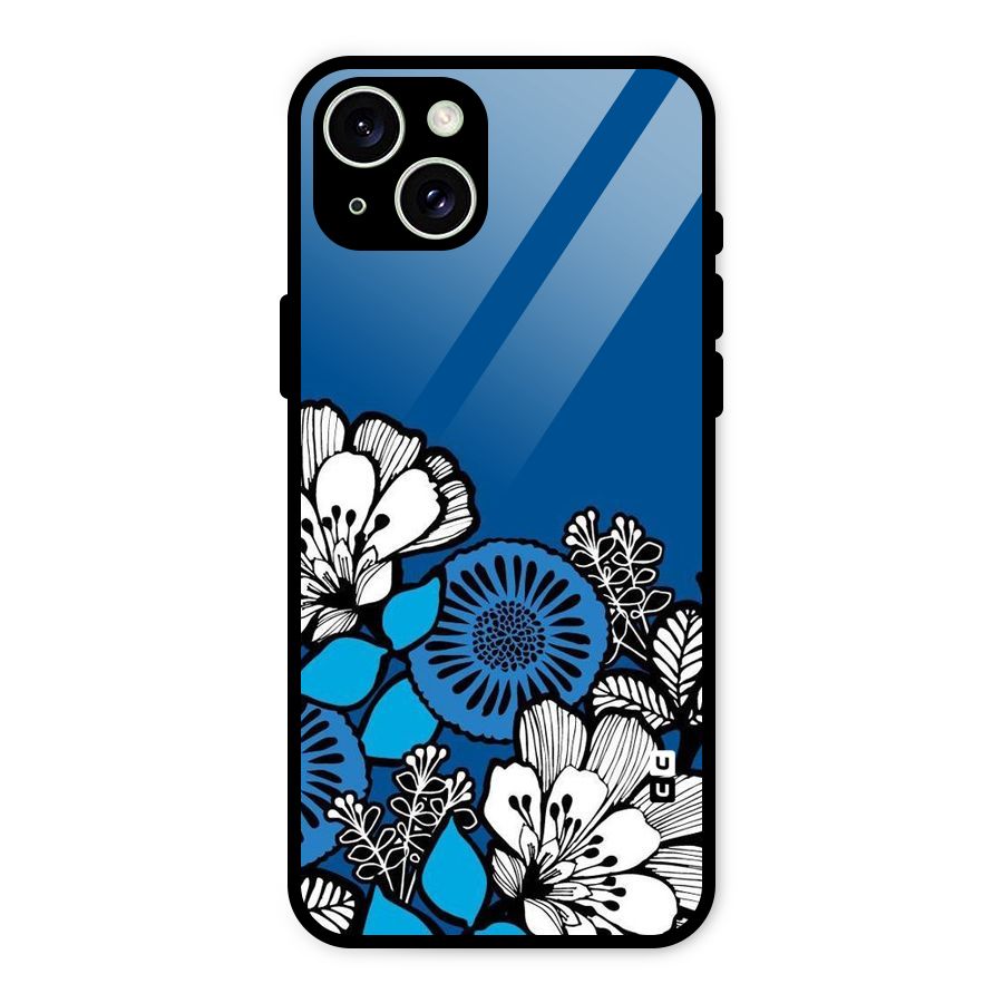 Blue White Flowers Glass Back Case for iPhone 15 Plus