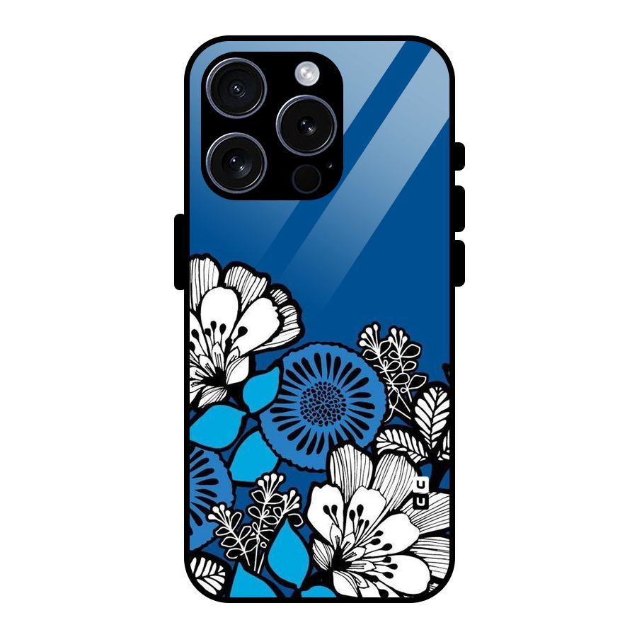 Blue White Flowers Glass Back Case for iPhone 15 Pro