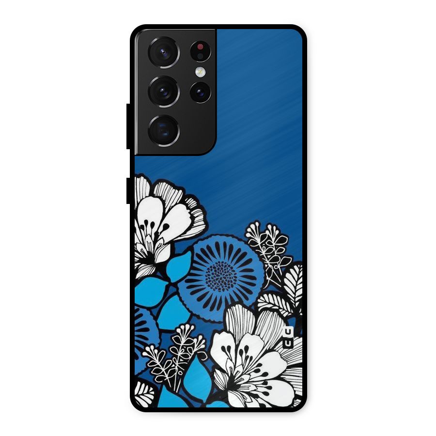 Blue White Flowers Metal Back Case for Galaxy S21 Ultra 5G