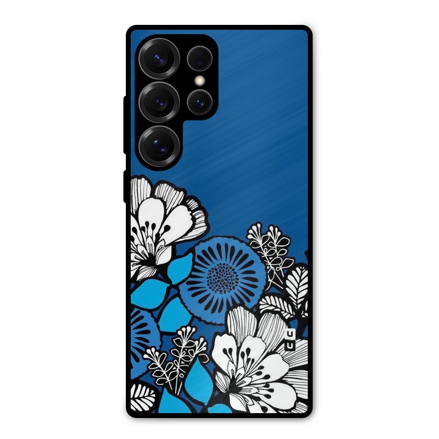 Blue White Flowers Metal Back Case for Galaxy S25 Ultra