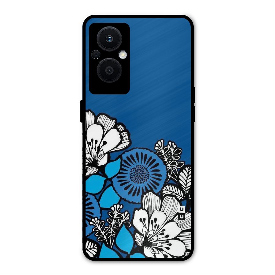Blue White Flowers Metal Back Case for Oppo F21 Pro 5G