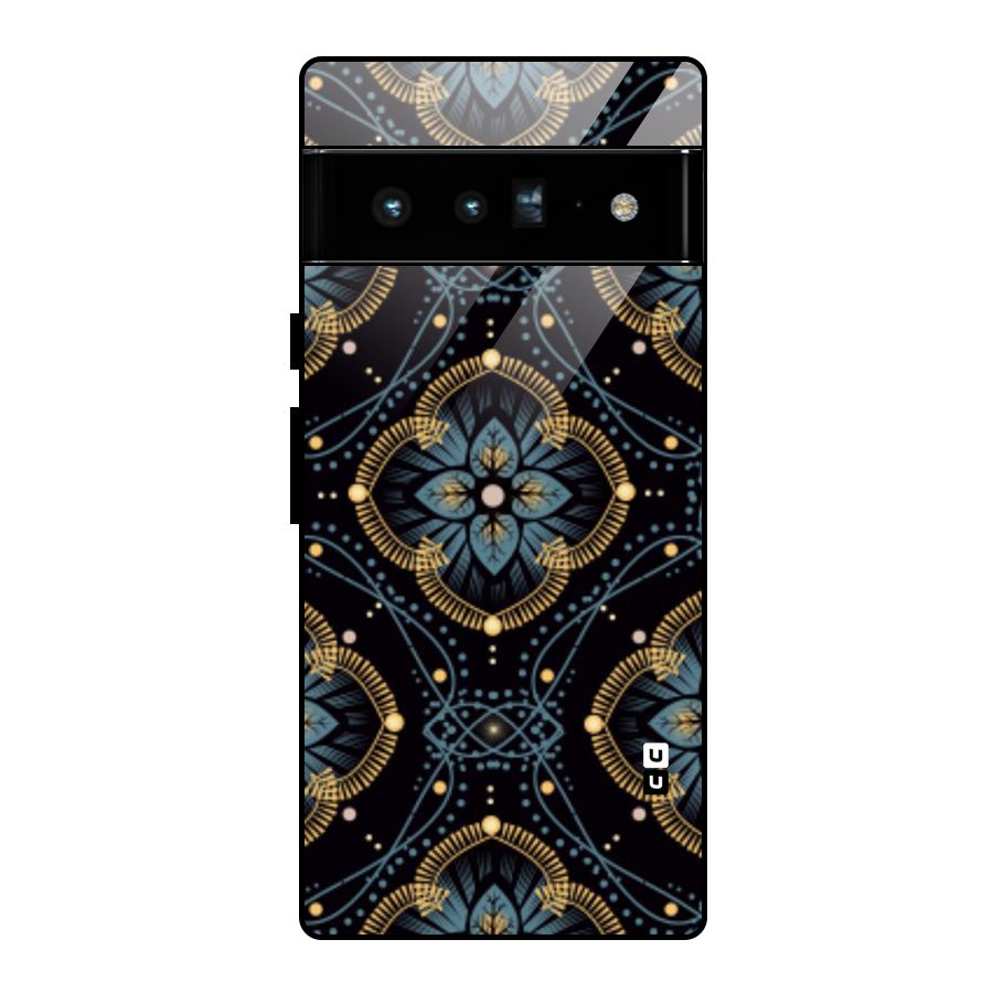 Blue With Black Flower Glass Back Case for Google Pixel 6 Pro