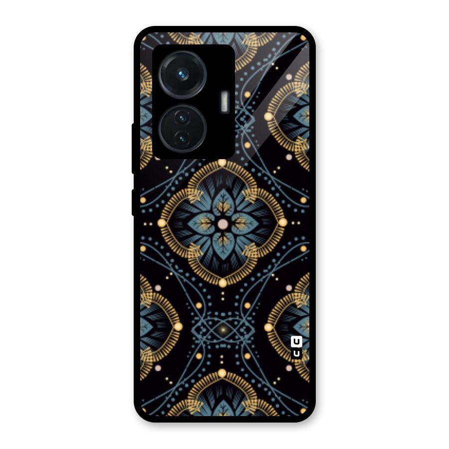 Blue With Black Flower Glass Back Case for Vivo T1 44W