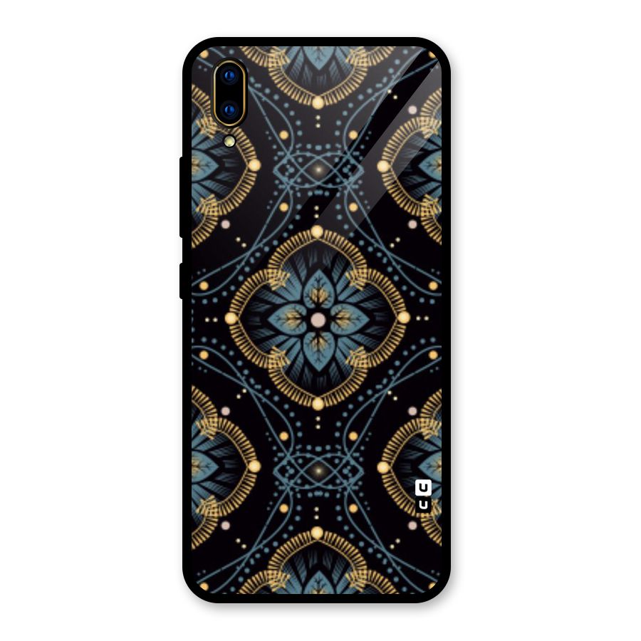 Blue With Black Flower Glass Back Case for Vivo V11 Pro