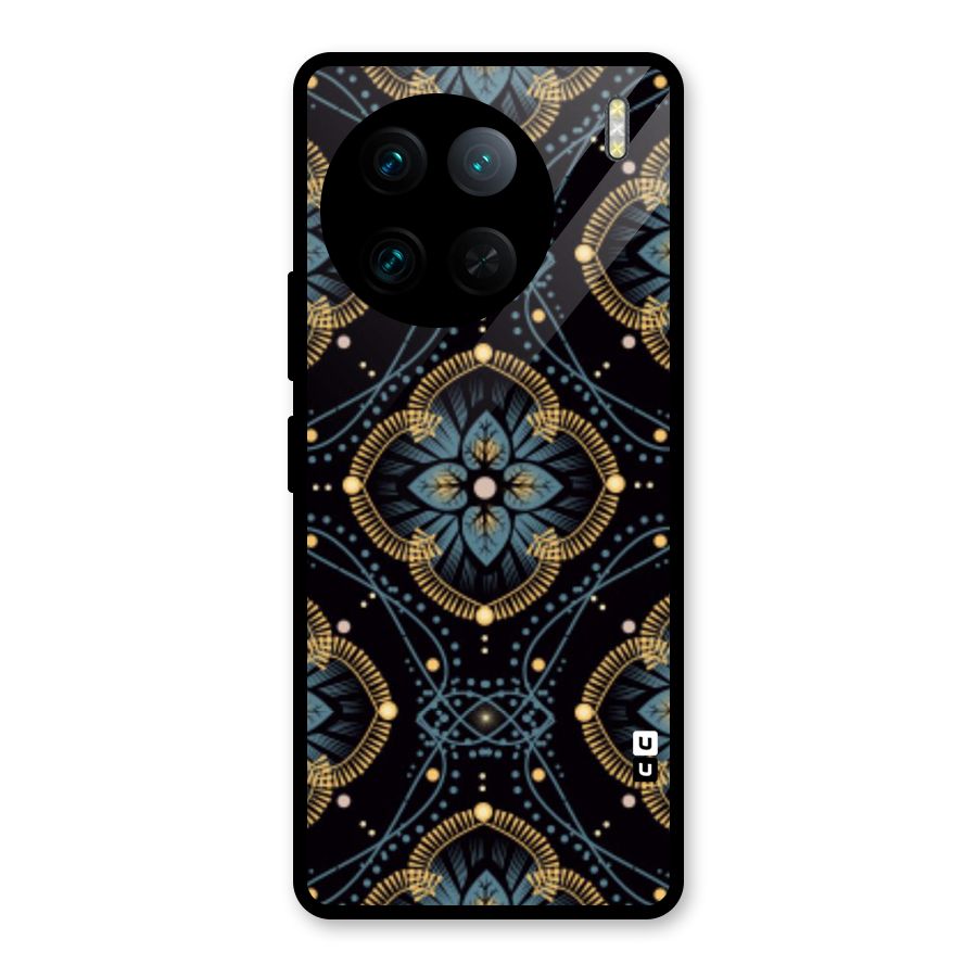 Blue With Black Flower Glass Back Case for Vivo X90 Pro