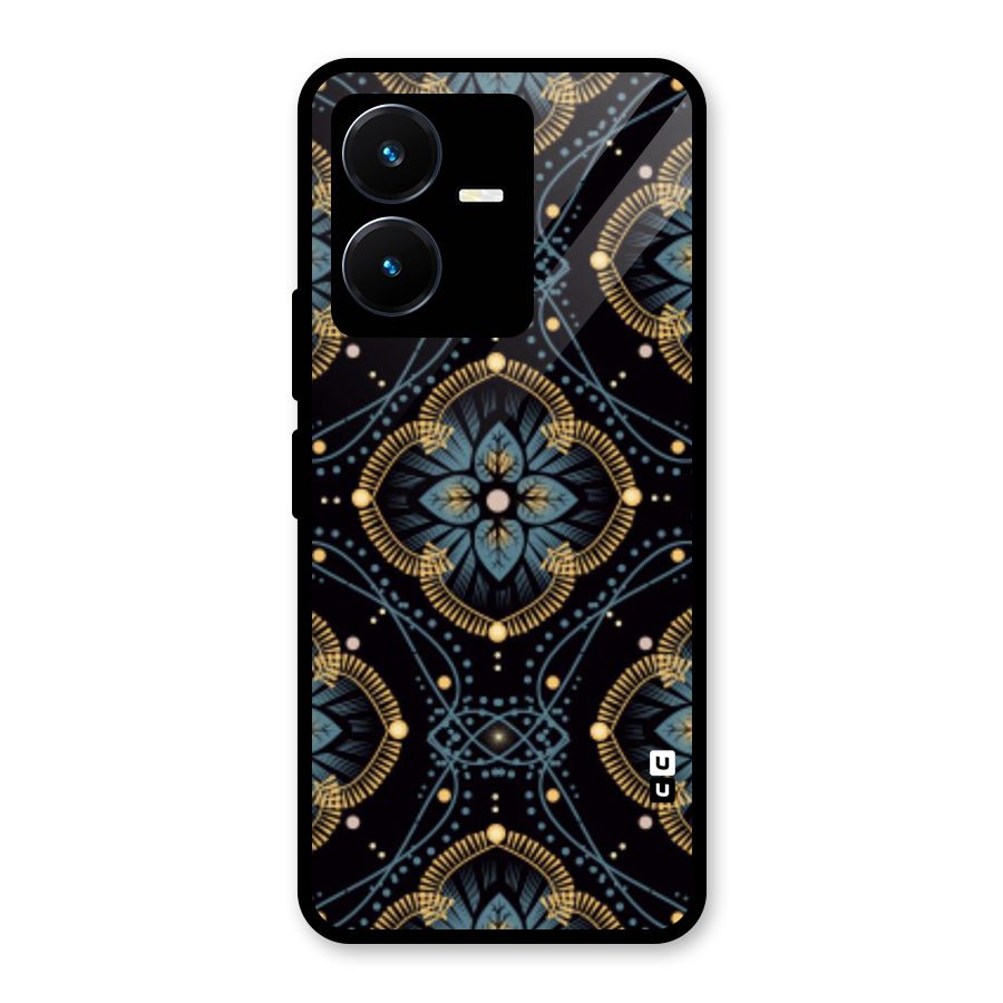 Blue With Black Flower Glass Back Case for Vivo Y22s