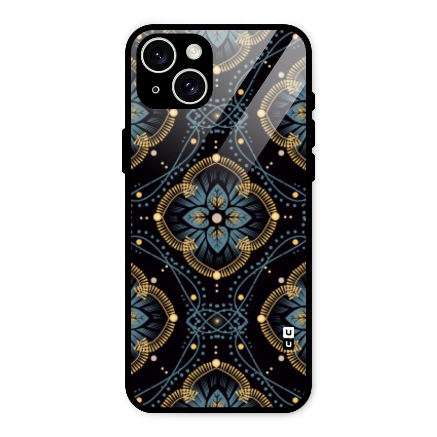 Blue With Black Flower Glass Back Case for iPhone 15 Plus