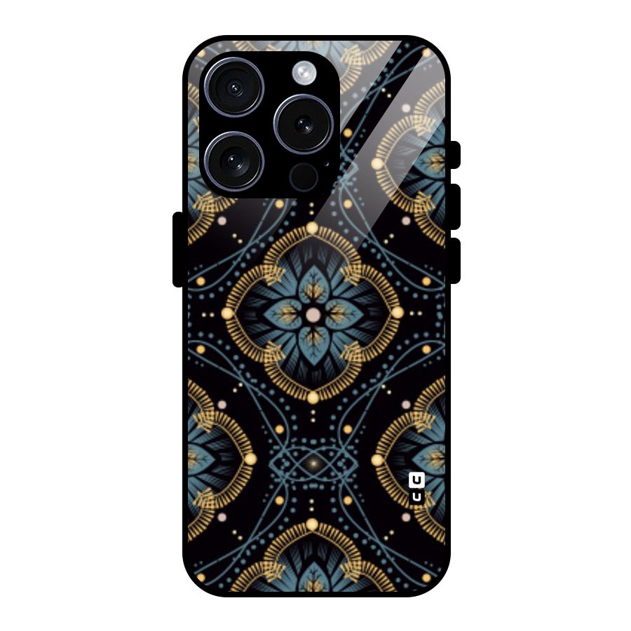 Blue With Black Flower Glass Back Case for iPhone 15 Pro