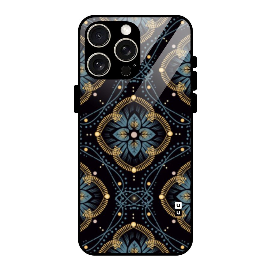 Blue With Black Flower Glass Back Case for iPhone 15 Pro Max