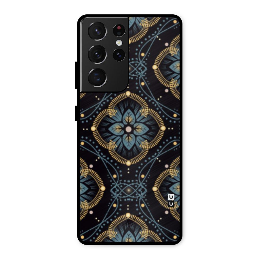 Blue With Black Flower Metal Back Case for Galaxy S21 Ultra 5G