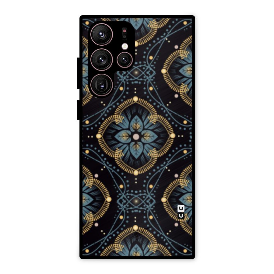 Blue With Black Flower Metal Back Case for Galaxy S22 Ultra 5G