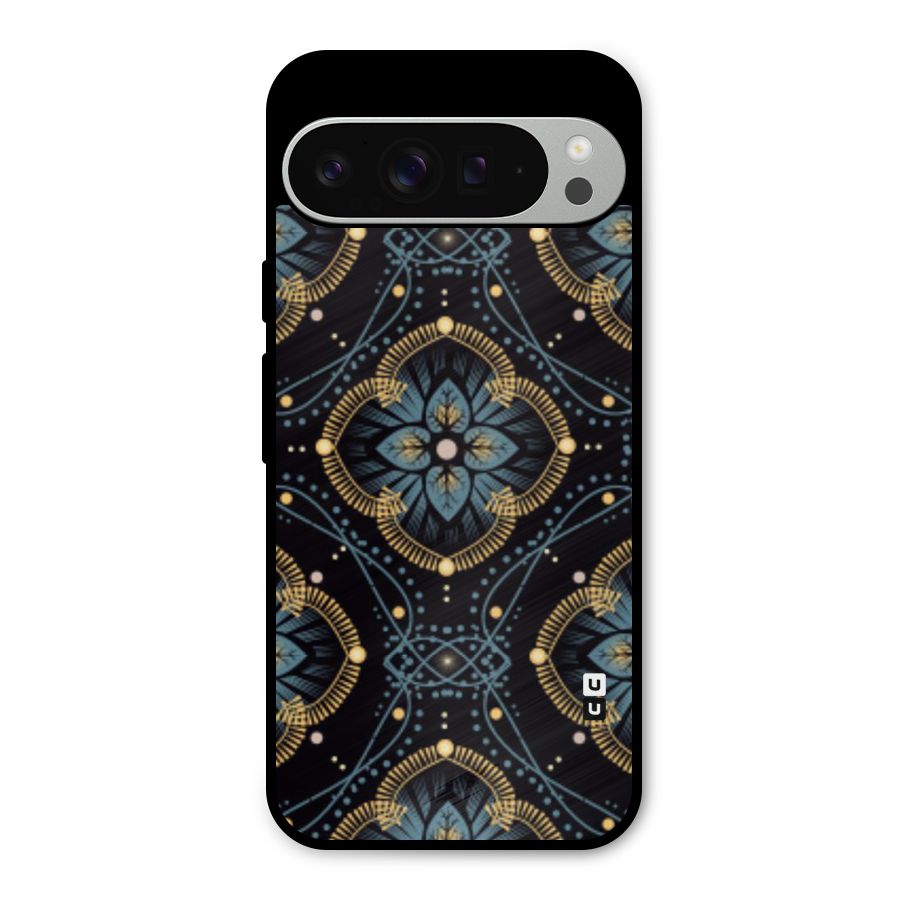 Blue With Black Flower Metal Back Case for Google Pixel 9 Pro XL