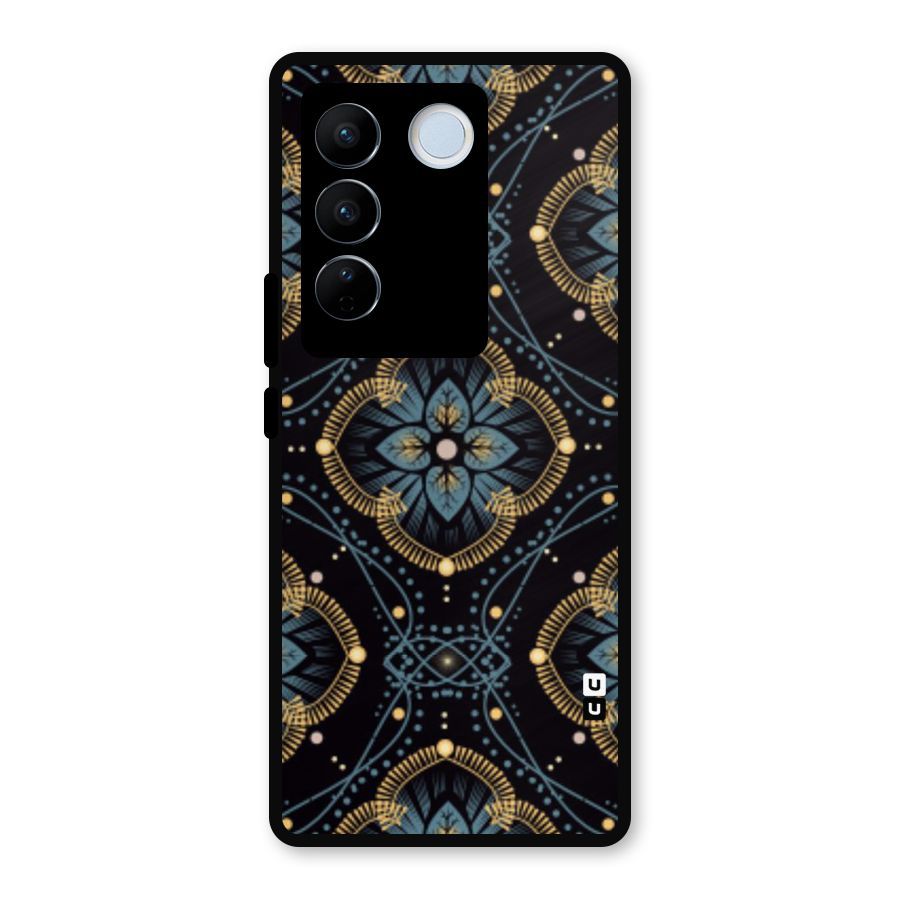 Blue With Black Flower Metal Back Case for Vivo V27