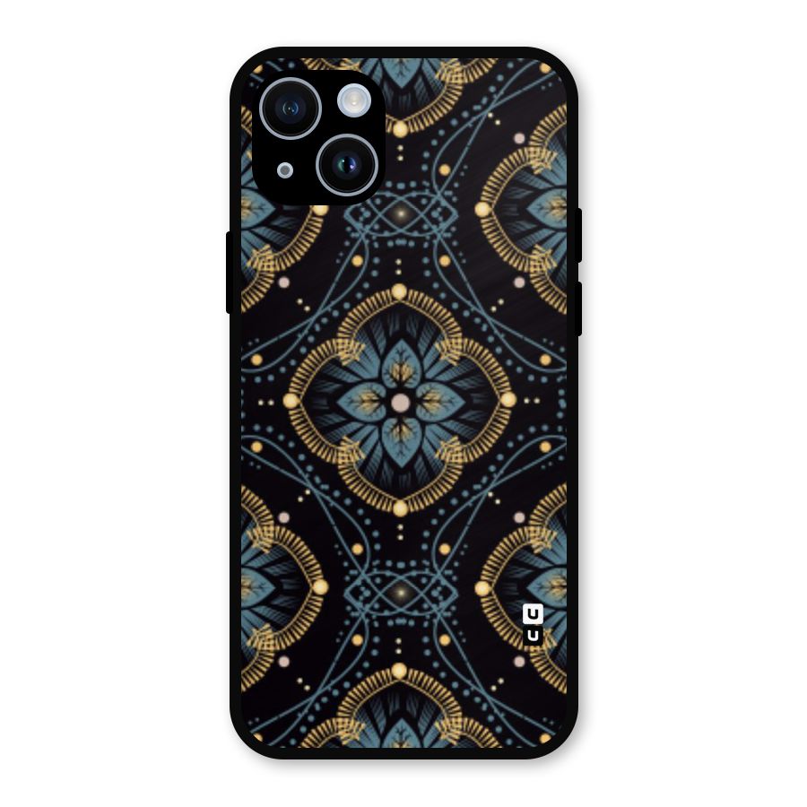 Blue With Black Flower Metal Back Case for iPhone 14