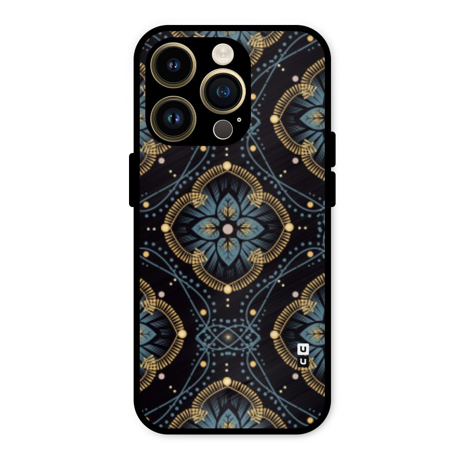 Blue With Black Flower Metal Back Case for iPhone 14 Pro