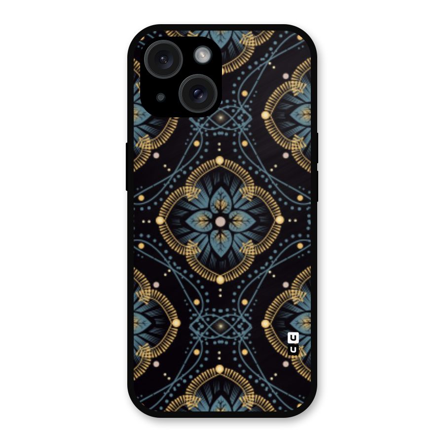Blue With Black Flower Metal Back Case for iPhone 15