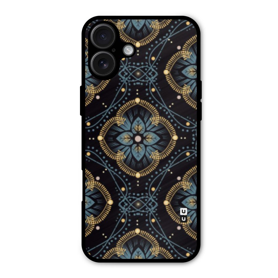 Blue With Black Flower Metal Back Case for iPhone 16 Plus