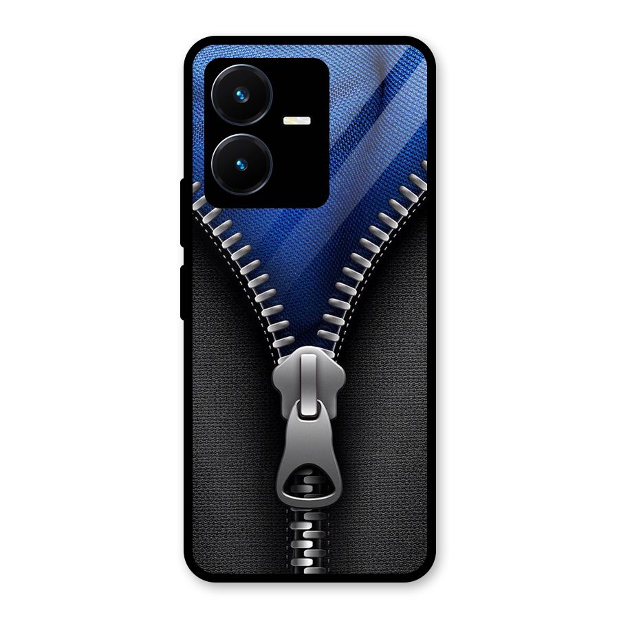 Blue Zipper Glass Back Case for Vivo Y22s