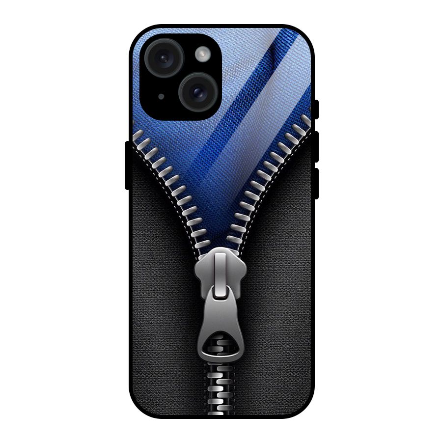 Blue Zipper Glass Back Case for iPhone 15
