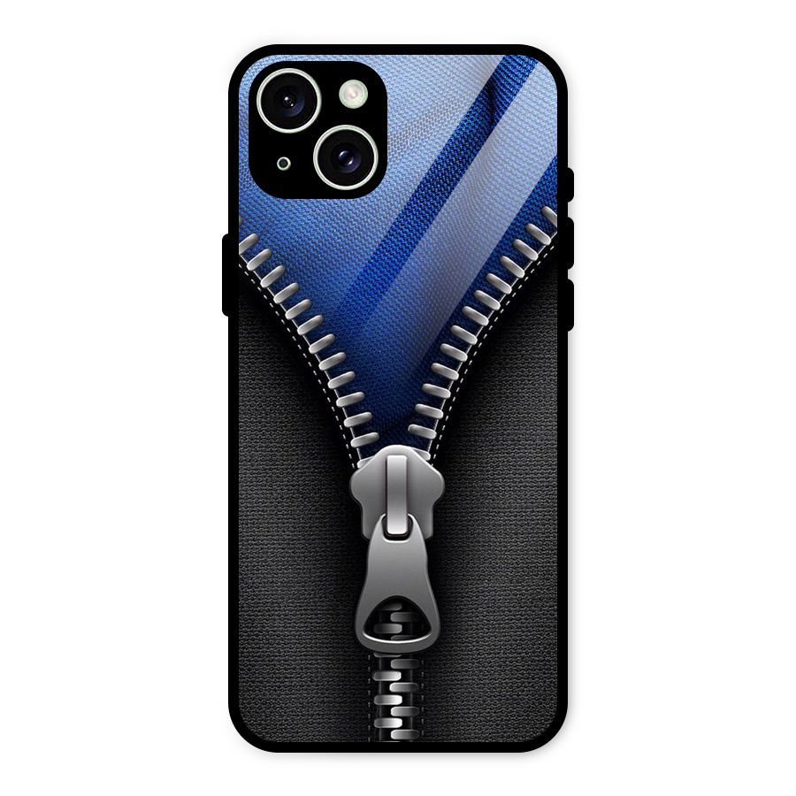 Blue Zipper Glass Back Case for iPhone 15 Plus