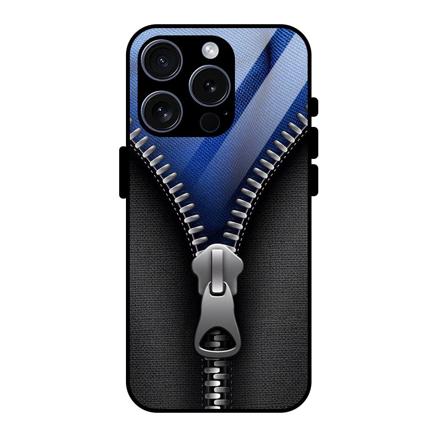 Blue Zipper Glass Back Case for iPhone 15 Pro