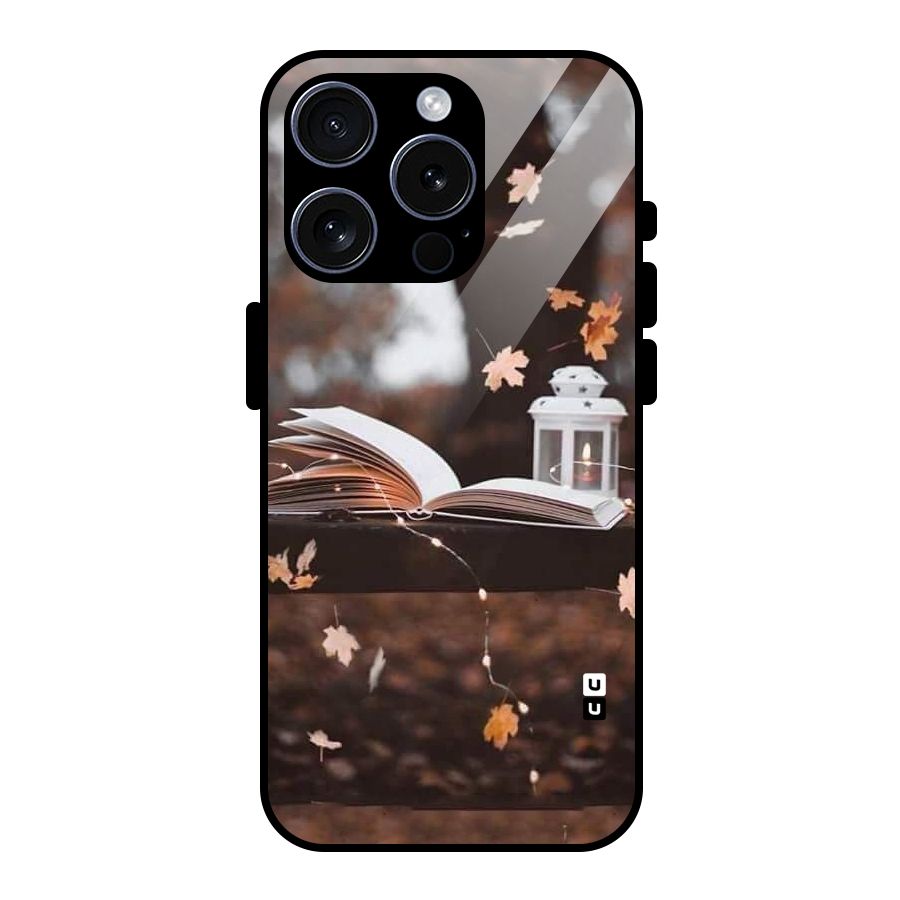 Book and Fall Leaves Glass Back Case for iPhone 15 Pro