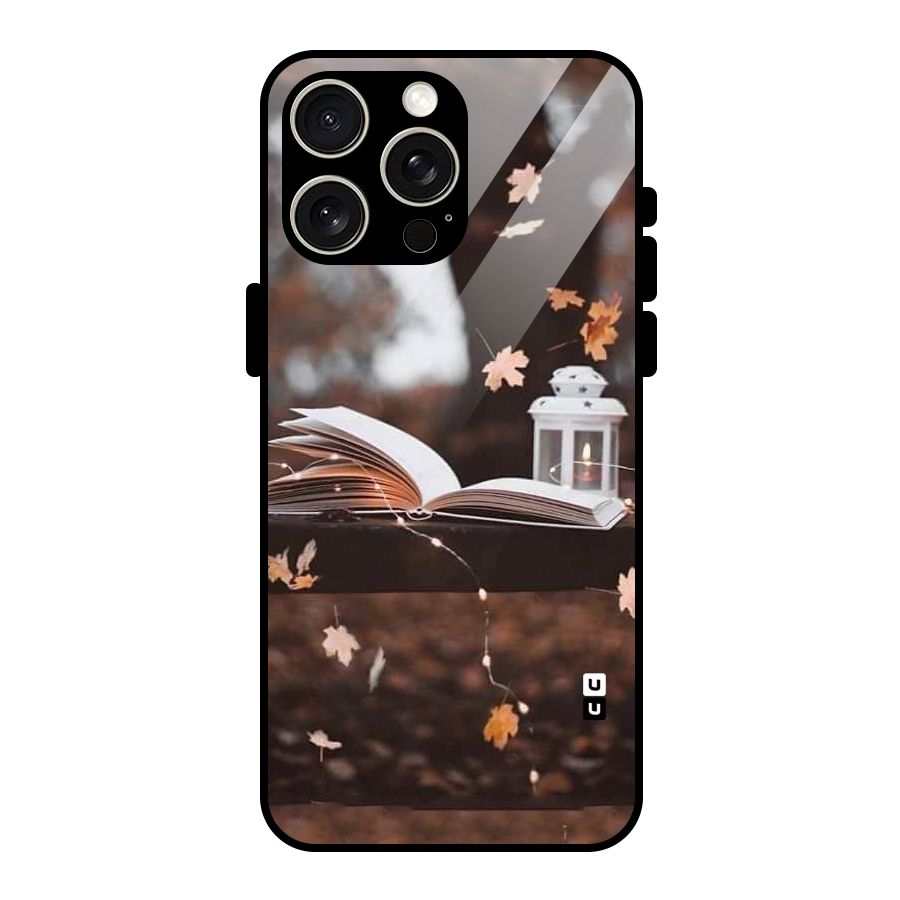 Book and Fall Leaves Glass Back Case for iPhone 15 Pro Max