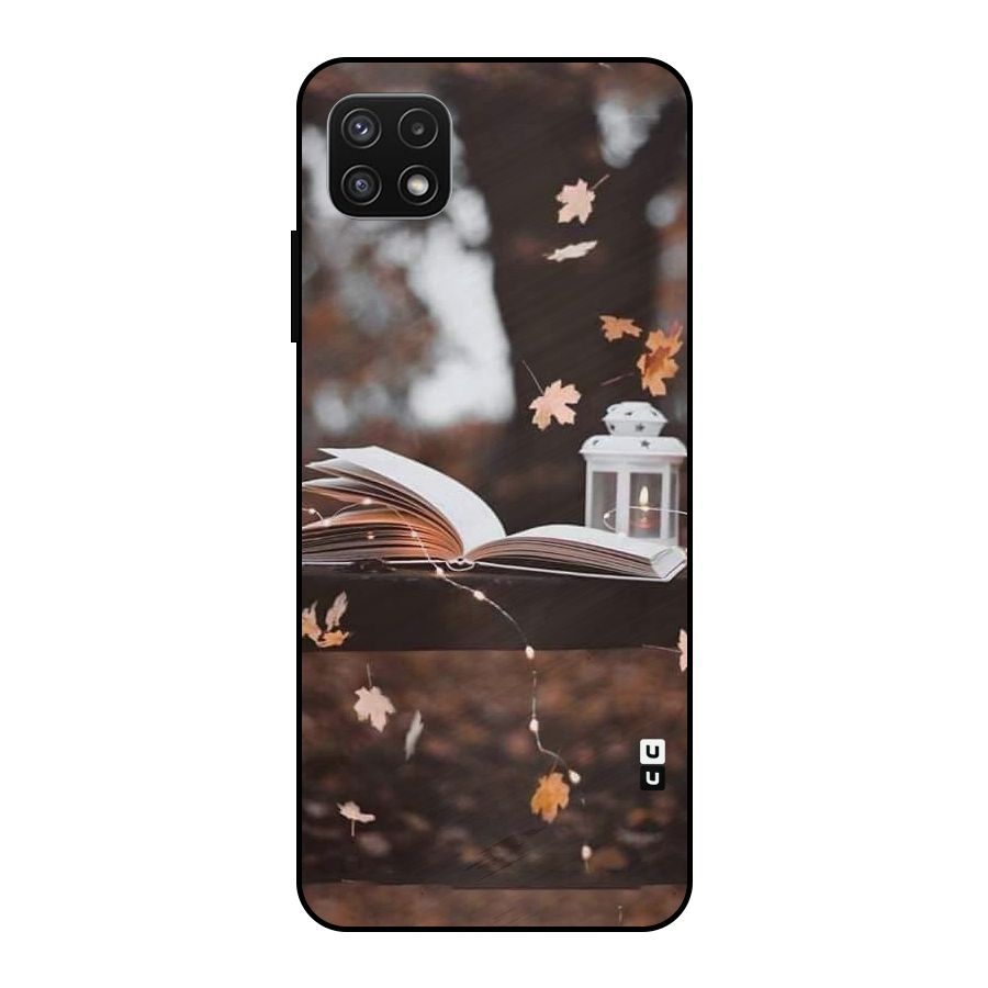 Book and Fall Leaves Metal Back Case for Galaxy A22 5G
