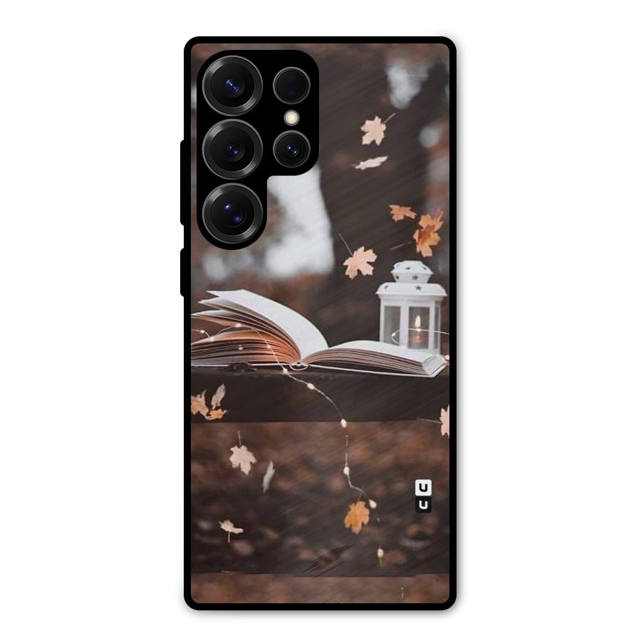 Book and Fall Leaves Metal Back Case for Galaxy S25 Ultra