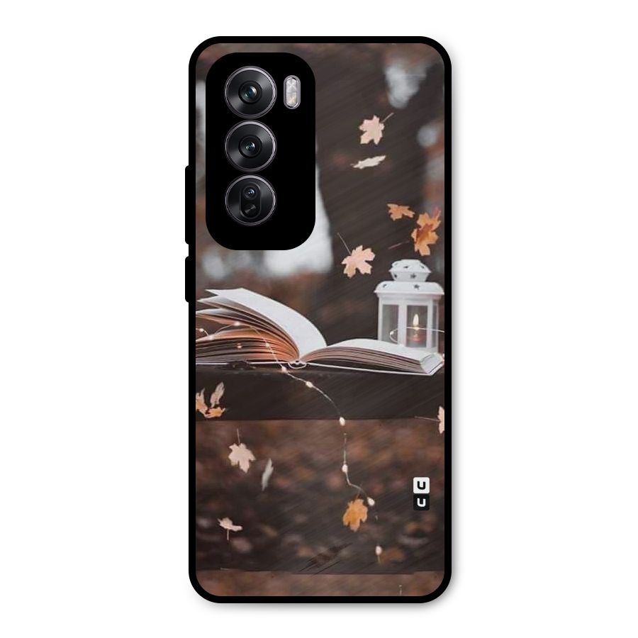 Book and Fall Leaves Metal Back Case for Oppo Reno12 Pro