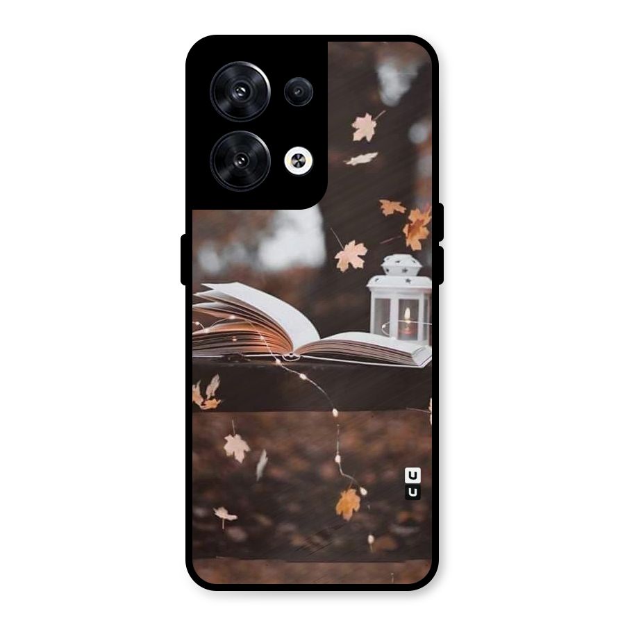 Book and Fall Leaves Metal Back Case for Oppo Reno8 5G