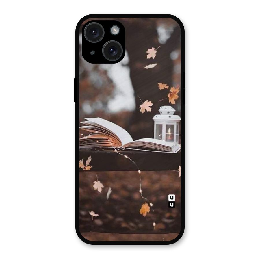 Book and Fall Leaves Metal Back Case for iPhone 15 Plus