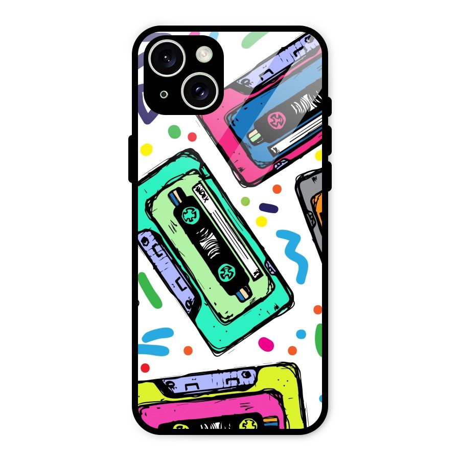 Cassette Pattern Glass Back Case for iPhone 15 Plus