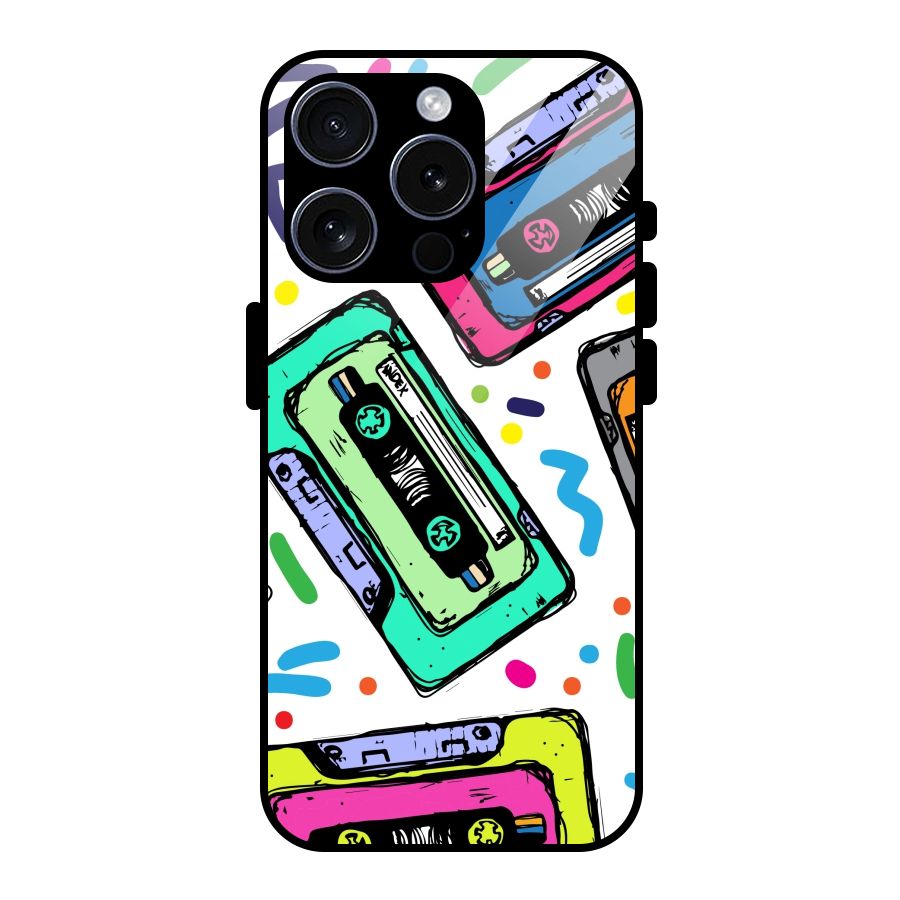 Cassette Pattern Glass Back Case for iPhone 15 Pro