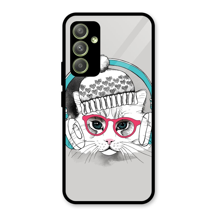 Cat Headphones Glass Back Case for Galaxy A54
