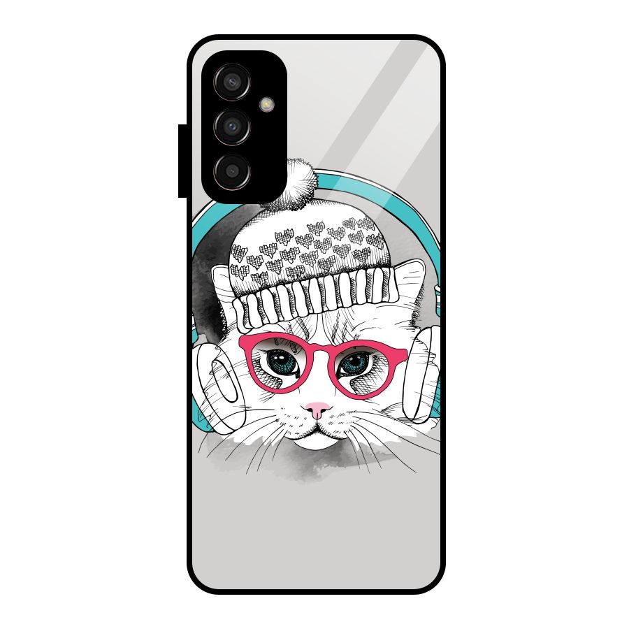 Cat Headphones Glass Back Case for Galaxy F13
