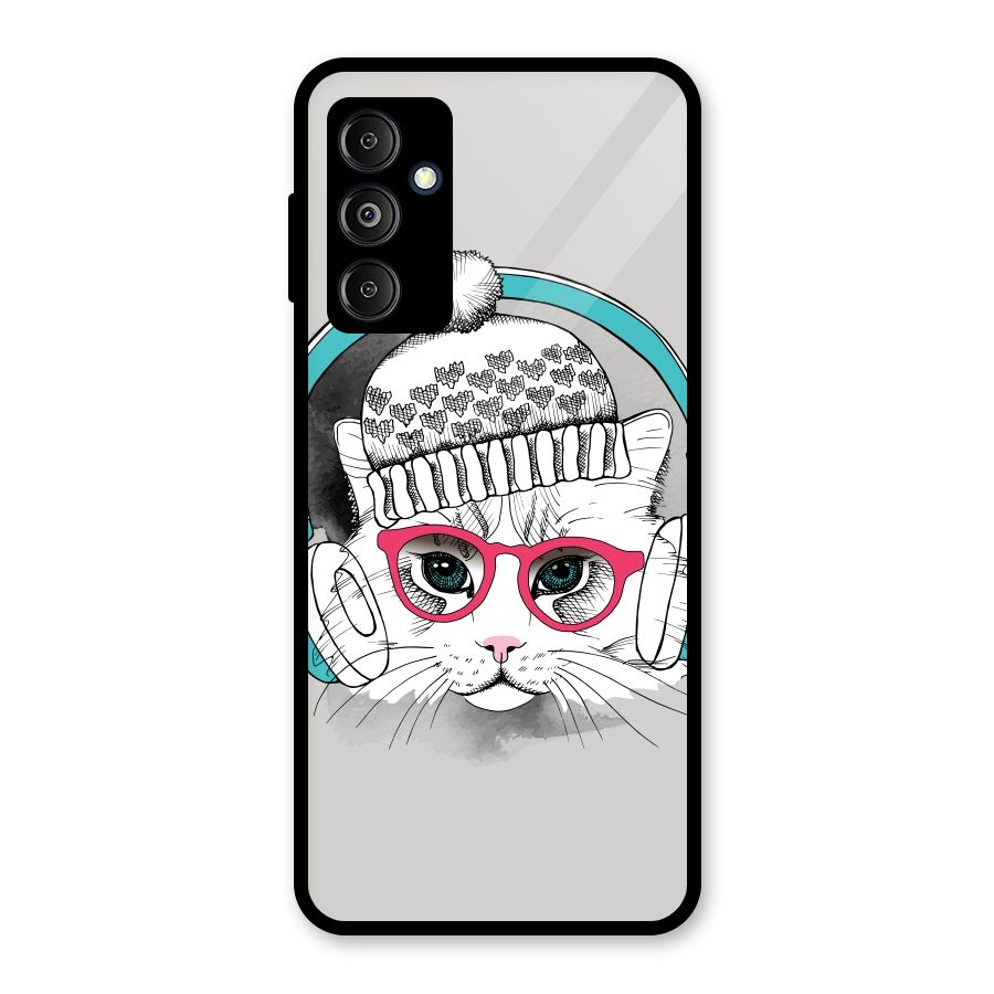 Cat Headphones Glass Back Case for Galaxy M14 5G