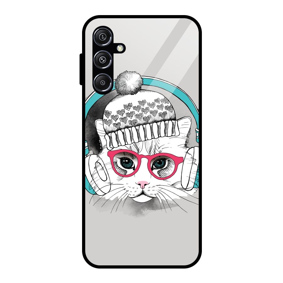 Cat Headphones Glass Back Case for Galaxy M34 5G