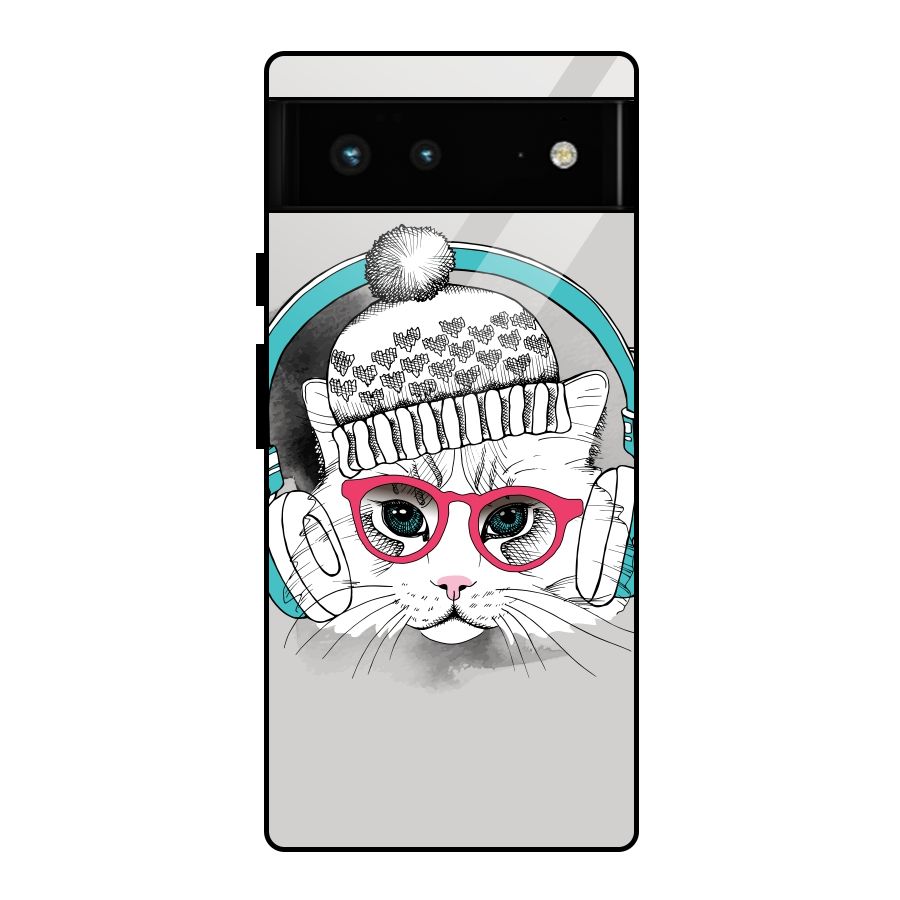 Cat Headphones Glass Back Case for Google Pixel 6
