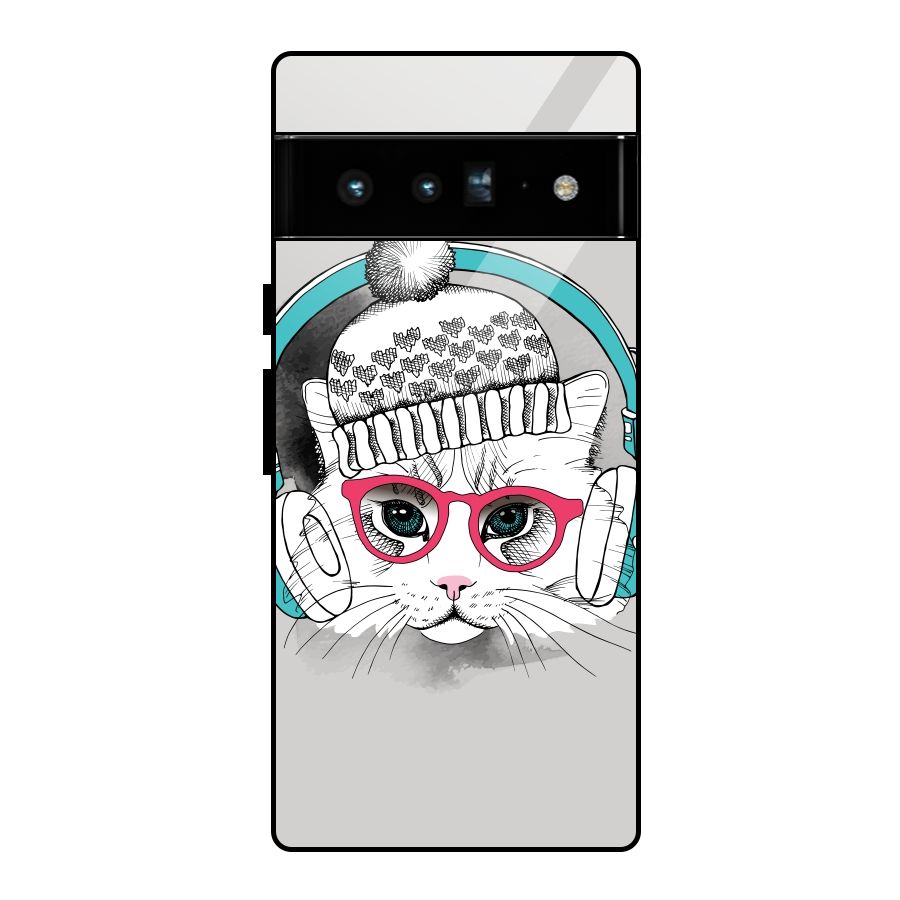Cat Headphones Glass Back Case for Google Pixel 6 Pro