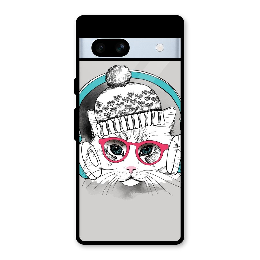 Cat Headphones Glass Back Case for Google Pixel 7a