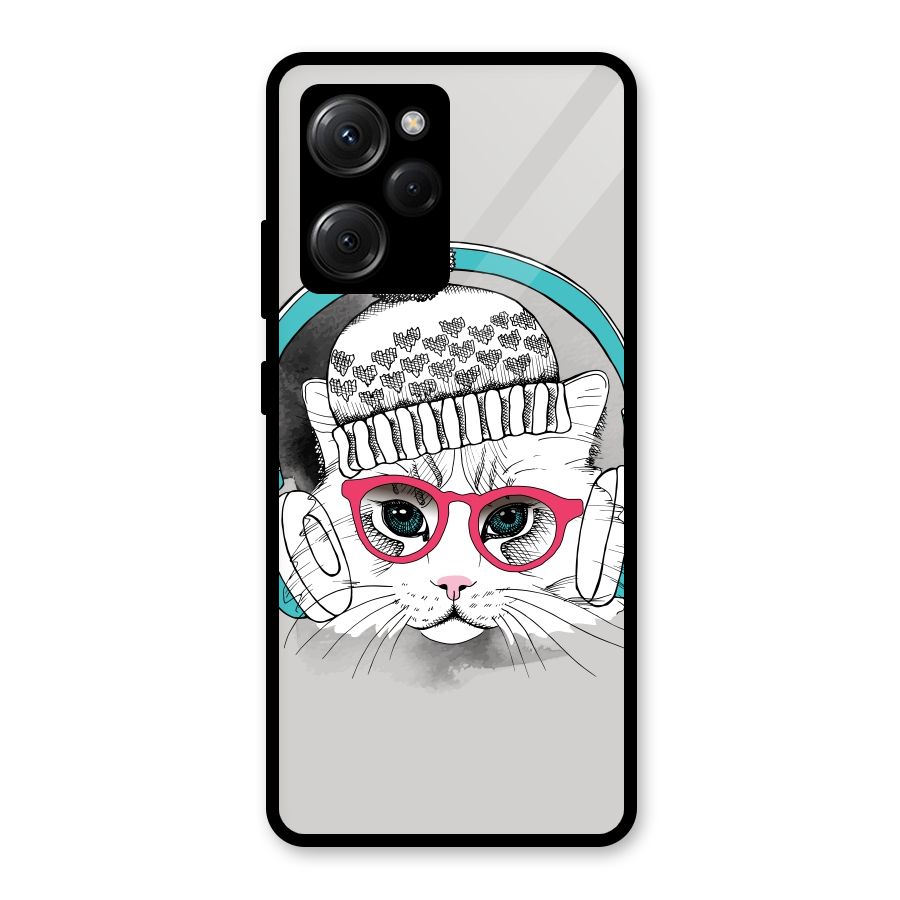 Cat Headphones Glass Back Case for Poco X5 Pro