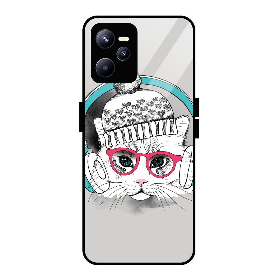 Cat Headphones Glass Back Case for Realme C35