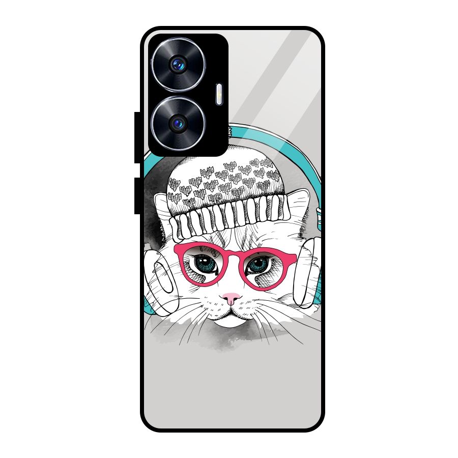 Cat Headphones Glass Back Case for Realme Narzo N55