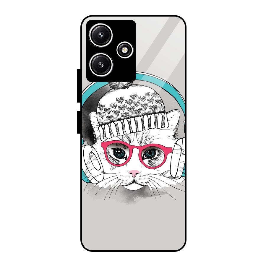 Cat Headphones Glass Back Case for Redmi 12 5G