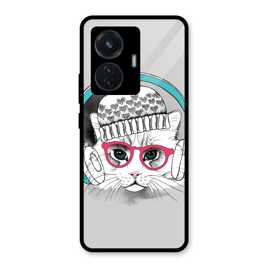 Cat Headphones Glass Back Case for Vivo T1 44W