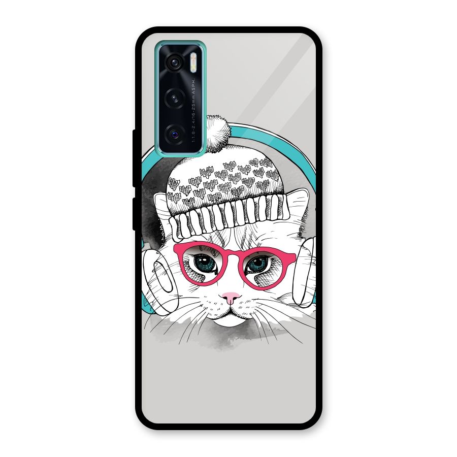 Cat Headphones Glass Back Case for Vivo V20 SE