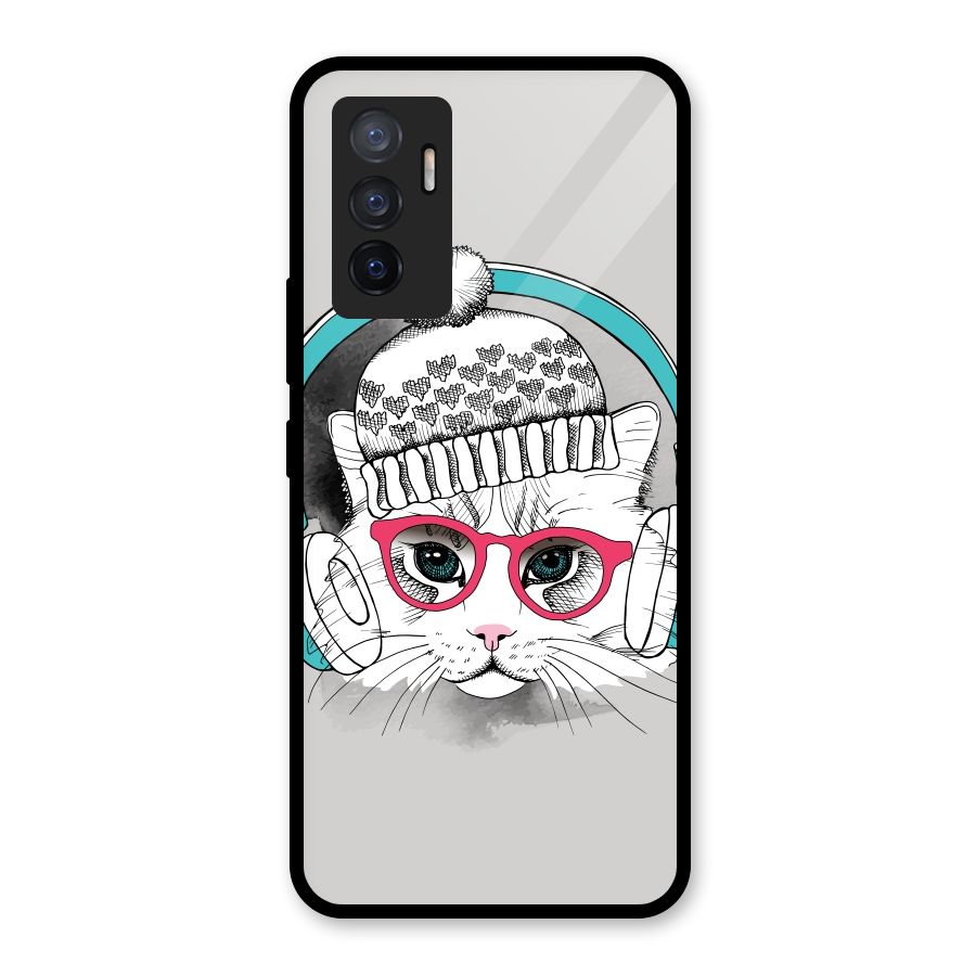 Cat Headphones Glass Back Case for Vivo V23e