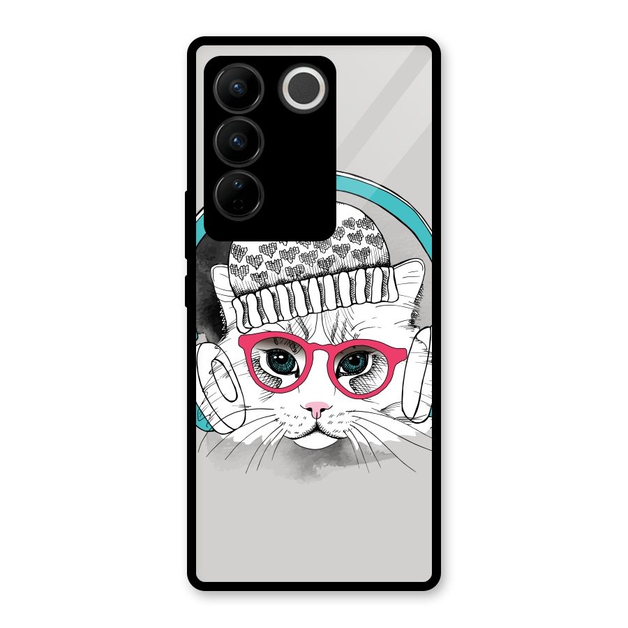 Cat Headphones Glass Back Case for Vivo V27